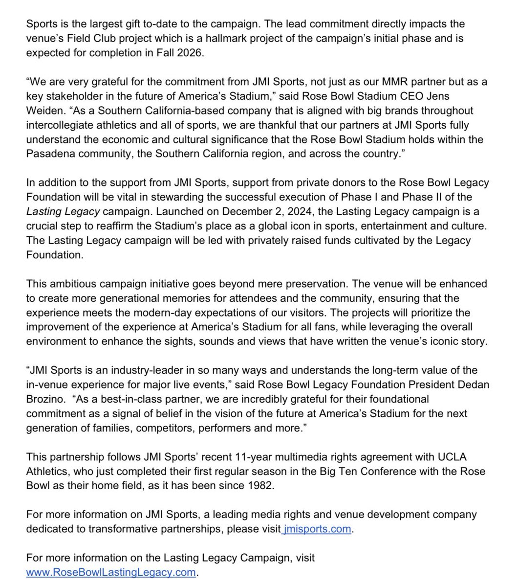 🚨 MAJOR GIFT ALERT 🚨 Thanks to <a href="/JMISports/">JMI Sports</a> for the lead gift commitment to the Lasting Legacy Capital Campaign through the <a href="/RoseBowlStadium/">Rose Bowl Stadium</a> - we are excited to have JMI as our new MMR partner and be side x side as we build and complete the new Field Club🌹rosebowllastinglegacy.com/assets/pdf/202…