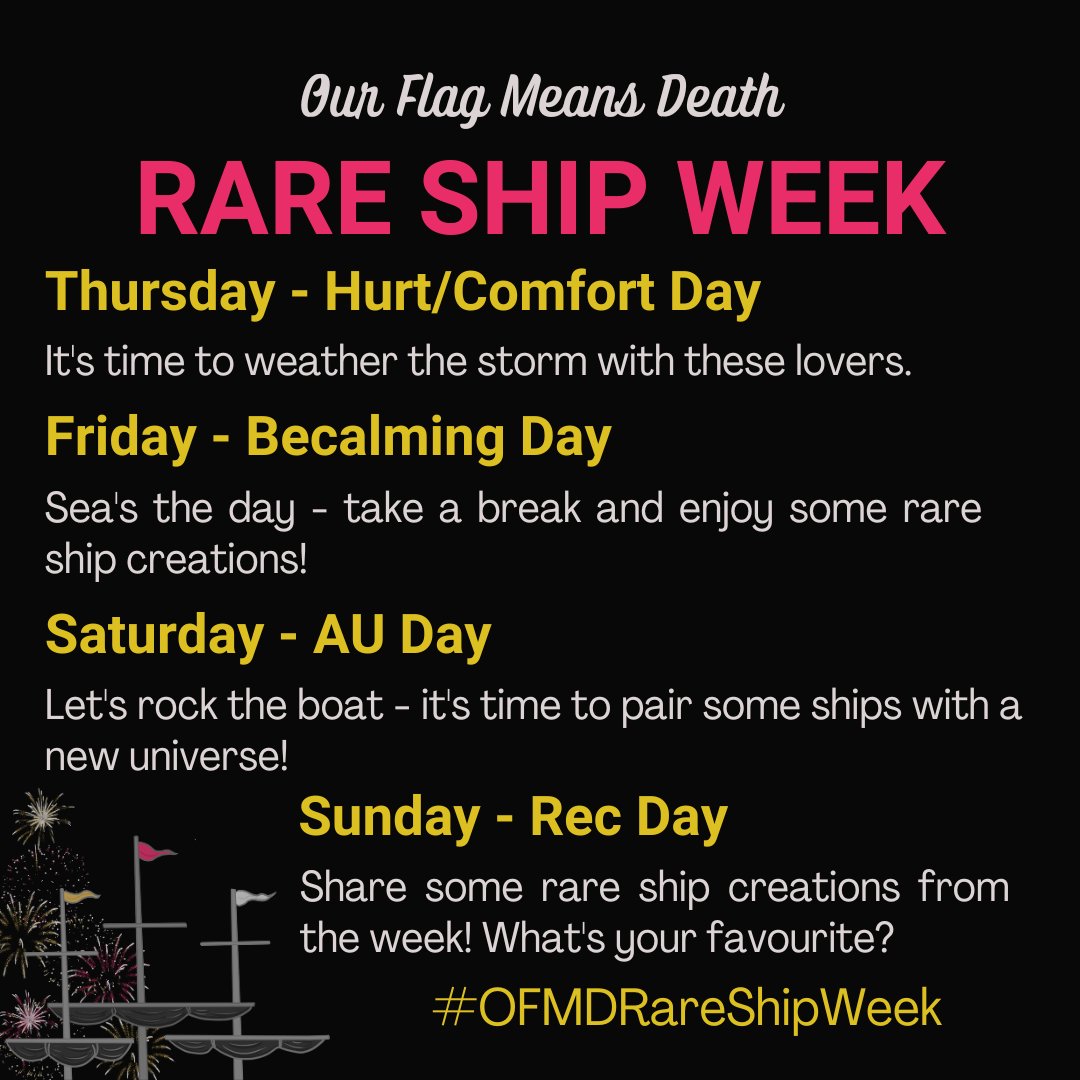 OFMDRareShips's tweet photo. Announcing the OFMD Rare Ship Week daily events! A prompt generator is  coming soon for folks who want specific (and silly) ideas. 

Note: We'll be running this mainly on Bluesky, link in our bio! Please reach out if you have questions! FAQ &amp; Plain text in bio!

#OFMDRareShipWeek https://t.co/L2FkUWPylp