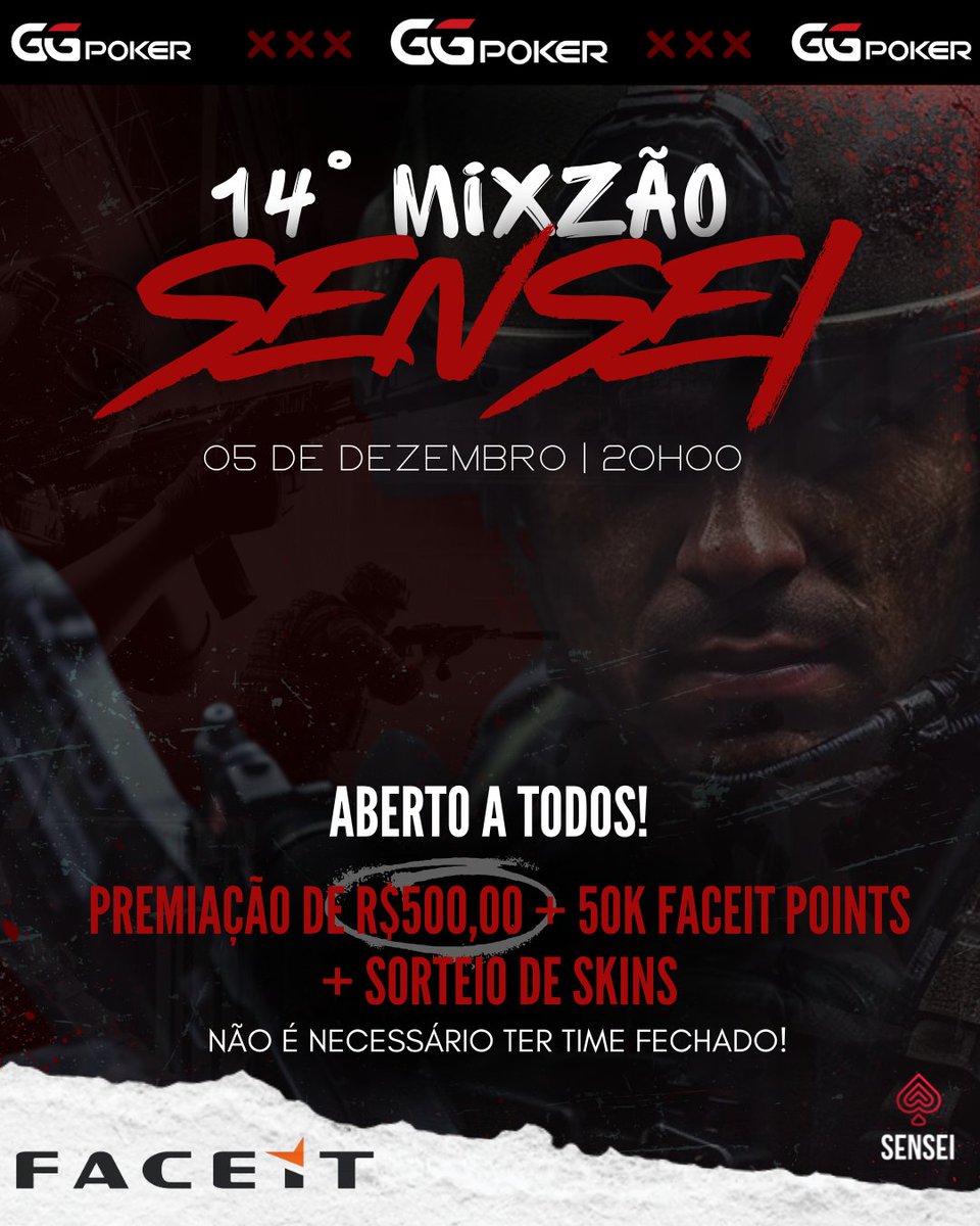 14° Mixzão SENSEI com R$500 no PIX + 50k FACEIT Points + Sorteios de SKINS.

Último mixzão do ano 🔥, só colar discord com anti-cheat da face it instalado. 

Aberto para todos! Qualquer level pode participar.

♠️♥️
#goSENSEI