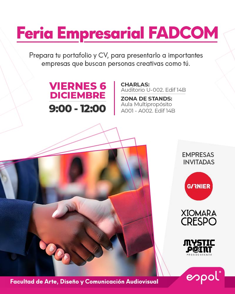 🎨✨📅 Este 6 de diciembre, no te pierdas la Feria Empresarial de FADCOM.✨🖌️

Establece contacto directo con empresas, asiste a charlas inspiradoras con consejos para tu carrera y encuentra la oportunidad de realizar tus prácticas empresariales 🚀.