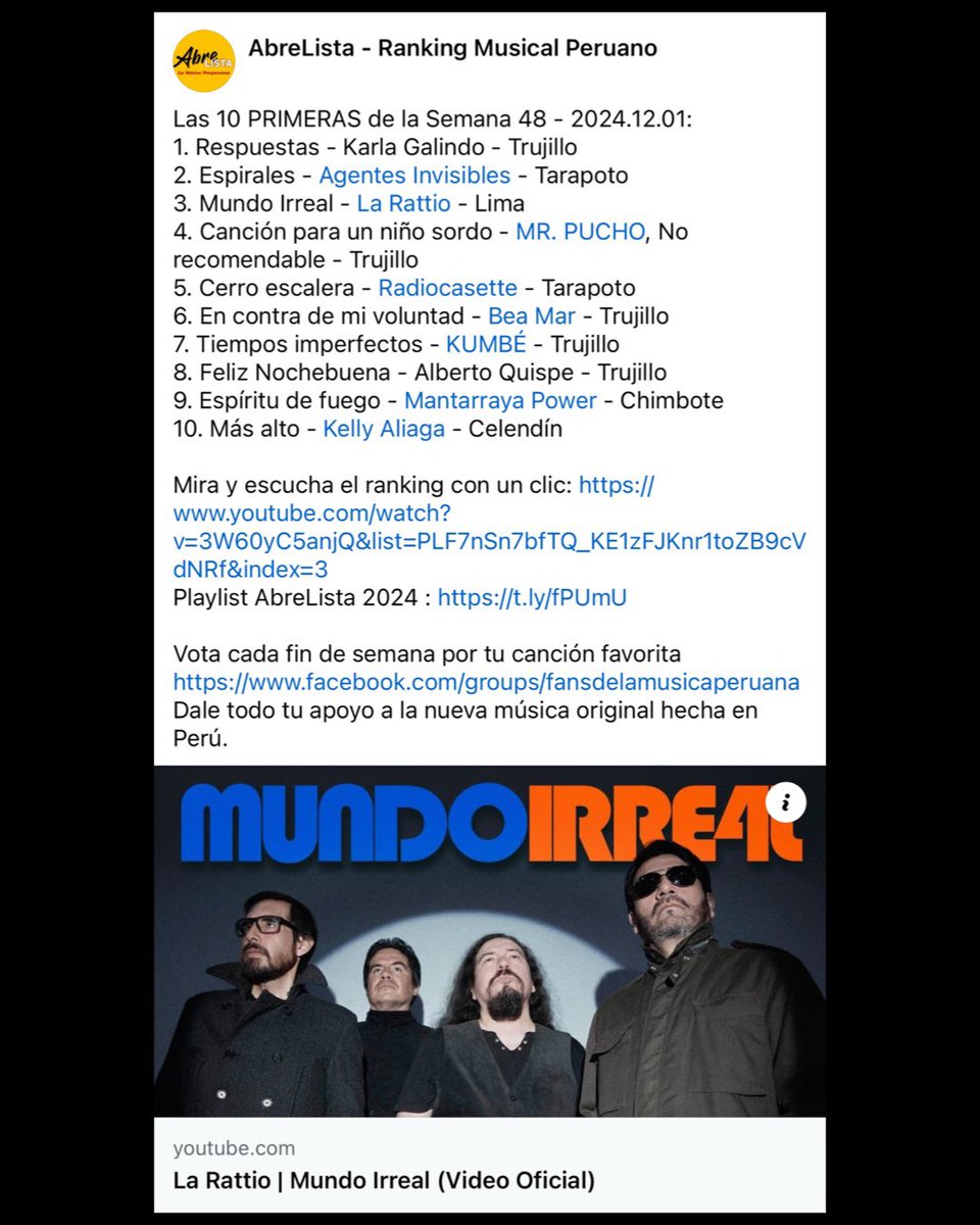 la_rattio's tweet photo. Muchísimas gracias @AbreLista por la difusión del video oficial de nuestro tema “Mundo Irreal” 🤜🤛🔥
@Toto45VO , @GalianoVitto , @Phelan_Kelly , @MiguelJFlores
#mundoirreal #entusmart #larattio #rockenespañol #rockperuano #ranking #videooficial https://t.co/LsxXeh1h7P