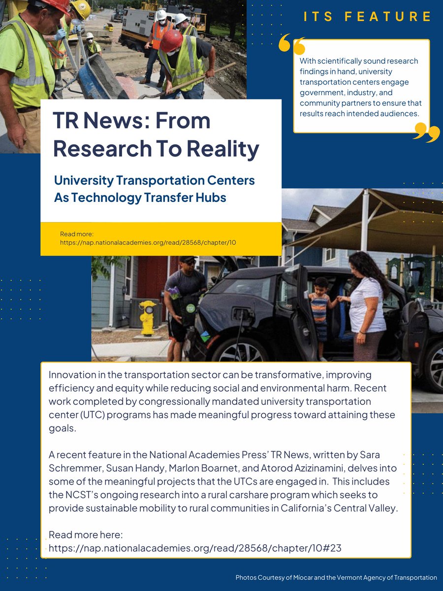 ITS-Davis (@its_ucdavis) on Twitter photo Check out this feature in <a href="/NASEMTRB/">TRB</a>'s TR News delving into the meaningful projects that <a href="/USDOT/">U.S. Department of Transportation</a> UTCs are engaged in, including <a href="/NCST_Research/">NCST_Research</a>'s research into a carshare program providing sustainable mobility to rural communities in the Central Valley.
nap.nationalacademies.org/read/28568/cha… Check out this feature in <a href="/NASEMTRB/">TRB</a>'s TR News delving into the meaningful projects that <a href="/USDOT/">U.S. Department of Transportation</a> UTCs are engaged in, including <a href="/NCST_Research/">NCST_Research</a>'s research into a carshare program providing sustainable mobility to rural communities in the Central Valley.
nap.nationalacademies.org/read/28568/cha…