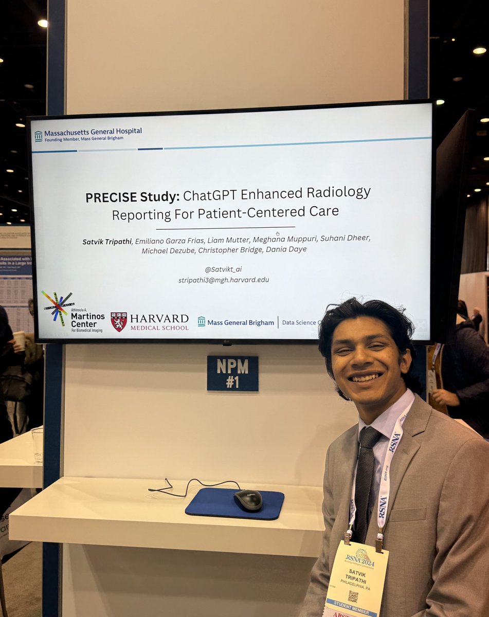 Satvik Tripathi (@satvikt_ai) on Twitter photo PRECISE Study at #RSNA24
Making radiology reporting more friendly and enhancing patient experience!
Shout out to the amazing team at <a href="/DaniaDaye/">Dania Daye, MD PhD</a> <a href="/qtimlab/">QTIM Lab</a> <a href="/clindatsci/">Mass General Brigham Data Science Office (DSO)</a>
<a href="/RSNATrainees/">RSNATrainees</a> <a href="/RSNA/">RSNA</a> PRECISE Study at #RSNA24
Making radiology reporting more friendly and enhancing patient experience!
Shout out to the amazing team at <a href="/DaniaDaye/">Dania Daye, MD PhD</a> <a href="/qtimlab/">QTIM Lab</a> <a href="/clindatsci/">Mass General Brigham Data Science Office (DSO)</a>
<a href="/RSNATrainees/">RSNATrainees</a> <a href="/RSNA/">RSNA</a>