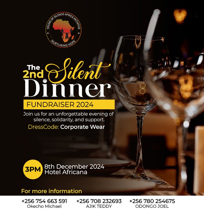 Asher Ajroush Namatovu (@ajasher25) on Twitter photo Are you READY for the second edition of the <a href="/Soun_Of_Silence/">SOSAI</a> silent dinner fundraiser at <a href="/HotelAfricana/">Hotel Africana</a>, to raise money for digital Sign Language training?
Tickets go for 150K !
Text .<a href="/AlexOgwal5/">Alex Ogwal</a> on WhatsApp at +256 759463229.
Please RT/Donate 🙏 Are you READY for the second edition of the <a href="/Soun_Of_Silence/">SOSAI</a> silent dinner fundraiser at <a href="/HotelAfricana/">Hotel Africana</a>, to raise money for digital Sign Language training?
Tickets go for 150K !
Text .<a href="/AlexOgwal5/">Alex Ogwal</a> on WhatsApp at +256 759463229.
Please RT/Donate 🙏