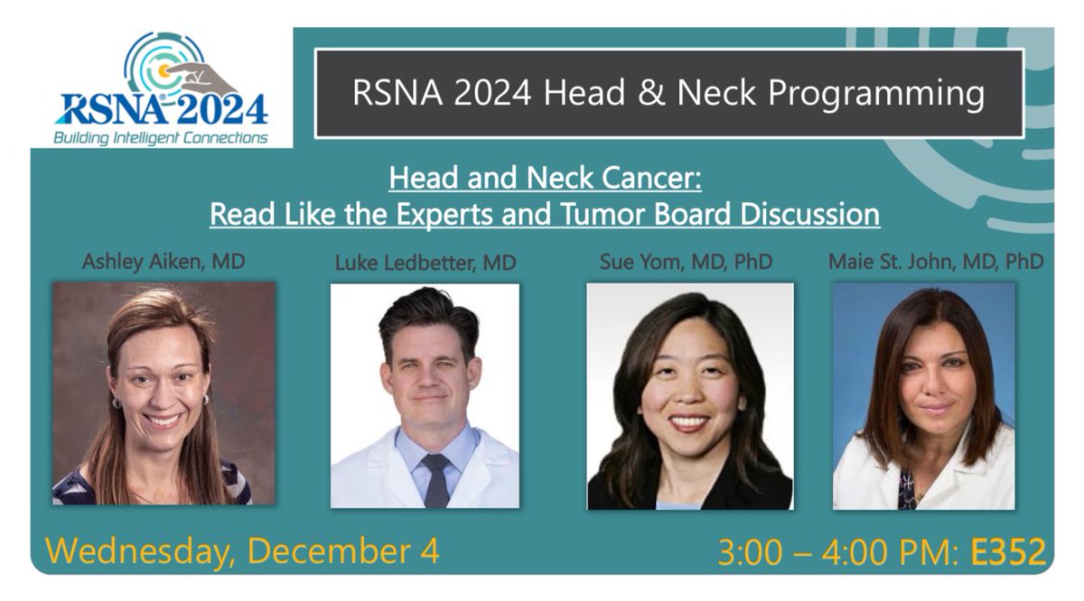 Hillary Kelly, MD (@hillaryrkelly) on Twitter photo What a lineup! 🤩🤩🤩
Join us this afternoon at #RSNA24 for an amazing multidisciplinary Head & Neck session Tumor Board style with clinical pearls from experts in Radiology, Rad Onc and Surgery
3:00pm in E352
<a href="/ENThawk/">Ashley Aiken</a> @LNLedbetter <a href="/sueyom/">Sue Yom</a> <a href="/MaieStJohn/">Maie St. John</a> What a lineup! 🤩🤩🤩
Join us this afternoon at #RSNA24 for an amazing multidisciplinary Head & Neck session Tumor Board style with clinical pearls from experts in Radiology, Rad Onc and Surgery
3:00pm in E352
<a href="/ENThawk/">Ashley Aiken</a> @LNLedbetter <a href="/sueyom/">Sue Yom</a> <a href="/MaieStJohn/">Maie St. John</a>