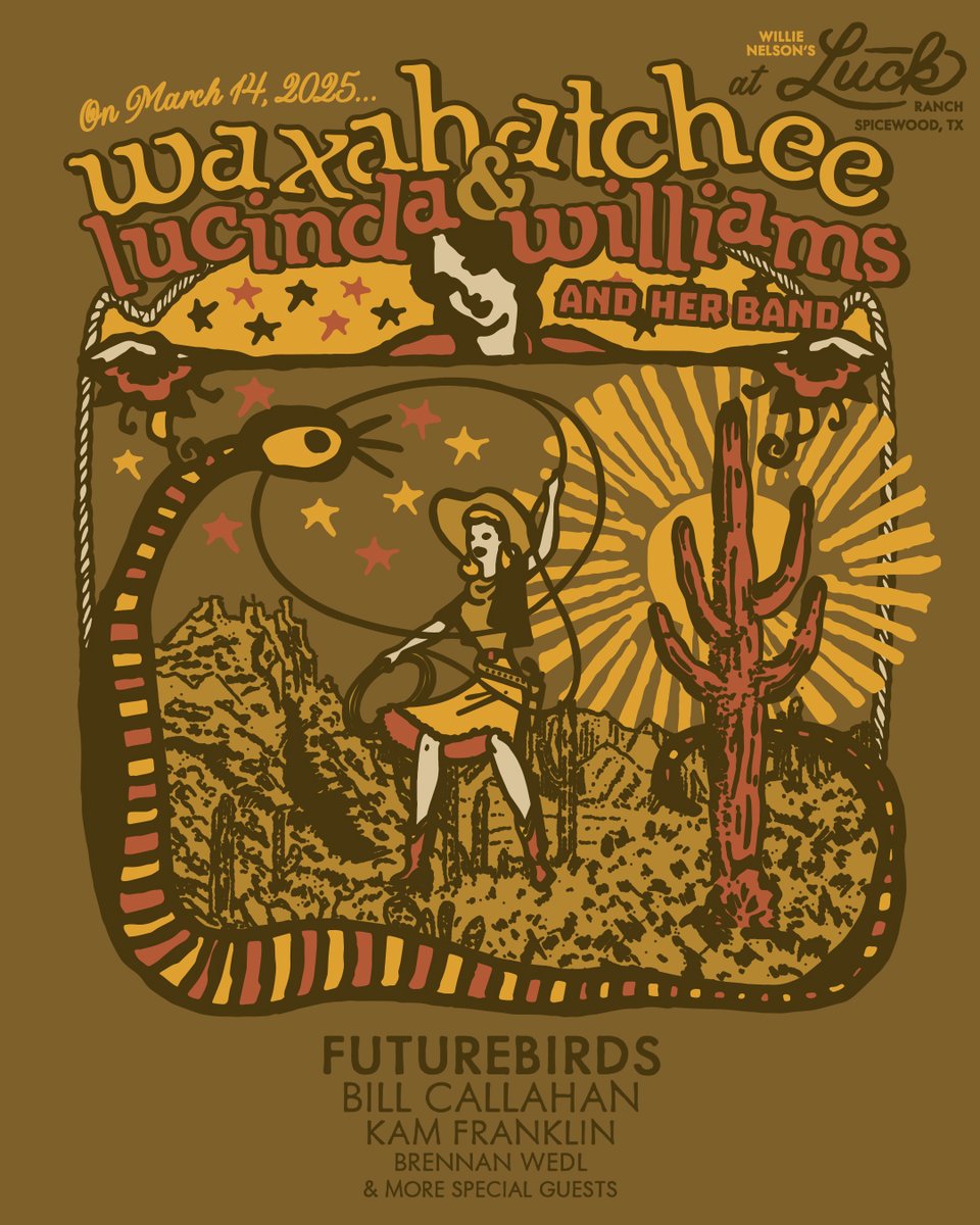 katie crutchfield (@k_crutchfield) on Twitter photo put together a very special event next march with <a href="/HappyWoman9/">Lucinda Williams</a> at <a href="/WillieNelson/">Willie Nelson</a>'s luck ranch ✨
<a href="/Futurebirds/">Futurebirds</a>, bill callahan, <a href="/KamFranklin/">Kam Franklin</a>, <a href="/brennanwedl/">Brennan Wedl</a> will be joining, tix on sale this fri at 10 am local 🌵
poster by darryl norsen
waxahatchee.com/shows put together a very special event next march with <a href="/HappyWoman9/">Lucinda Williams</a> at <a href="/WillieNelson/">Willie Nelson</a>'s luck ranch ✨
<a href="/Futurebirds/">Futurebirds</a>, bill callahan, <a href="/KamFranklin/">Kam Franklin</a>, <a href="/brennanwedl/">Brennan Wedl</a> will be joining, tix on sale this fri at 10 am local 🌵
poster by darryl norsen
waxahatchee.com/shows