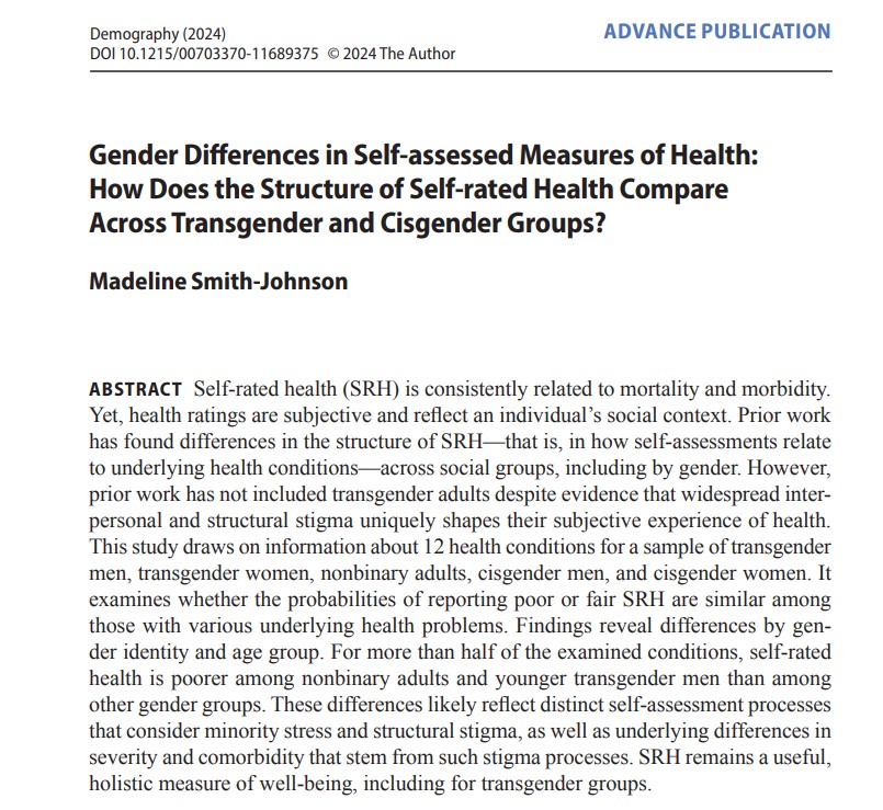 Demography Journal (@readdemography) on Twitter photo "Gender Differences in Self-assessed Measures of Health”: M Smith-Johnson shows that nonbinary adults & younger trans men report ↑ rates of poor/fair health & calls for measures to capture “how stigma shapes health for marginalized groups.” <a href="/RiceSociology/">RiceSociology</a> ow.ly/OfB950UlaIp "Gender Differences in Self-assessed Measures of Health”: M Smith-Johnson shows that nonbinary adults & younger trans men report ↑ rates of poor/fair health & calls for measures to capture “how stigma shapes health for marginalized groups.” <a href="/RiceSociology/">RiceSociology</a> ow.ly/OfB950UlaIp