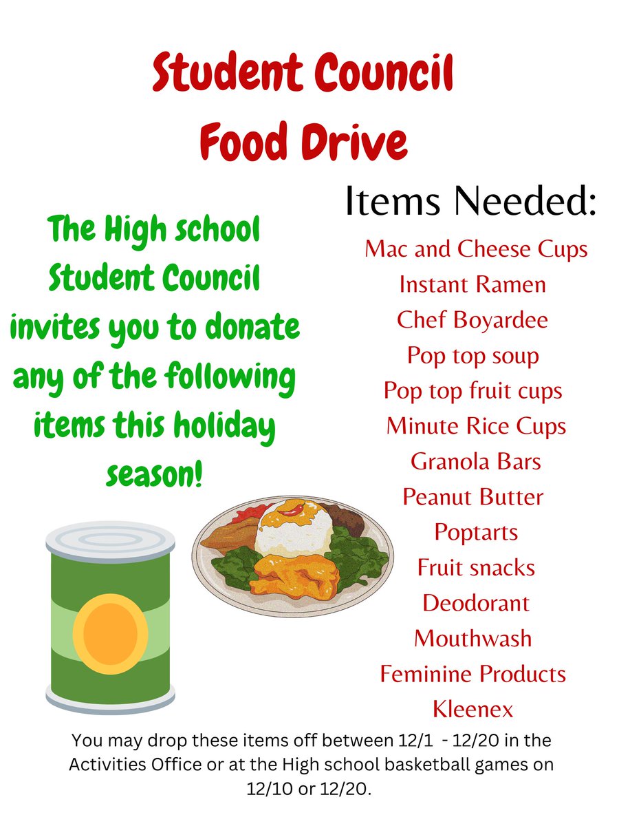 Santa is coming to town. Please join us on December 10th and 20th during the basketball games. Santa will be here from 5:30 until varsity halftime collecting items to be donated to the Benton Community High School Food Bank. You can drop off items now through December 20th!