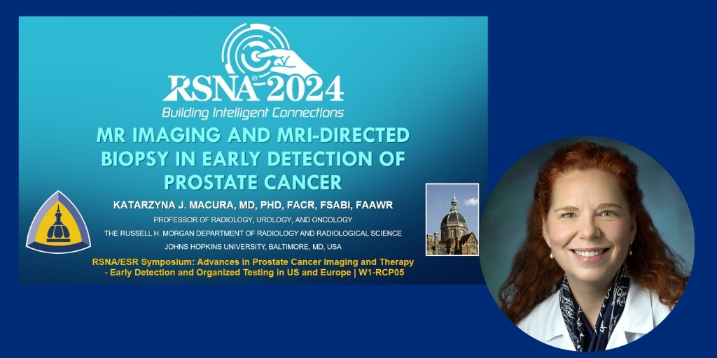 Hopkins_Rad's tweet photo. Professor @KatarzynaMacura moderated and participated in a symposium on U.S. imaging practice patterns and guidelines for prostate cancer diagnosis and therapy in her presentation on “MR Imaging and MRI-Directed Biopsy in Early Detection of Prostate Cancer”, which took place on Wednesday, Dec. 4, at #RSNA24.