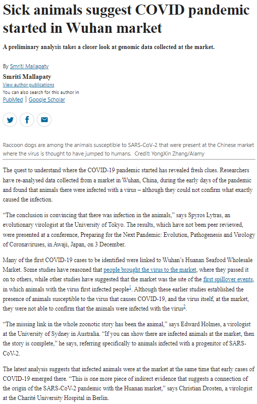 tgof137's tweet photo. It sounds like there's been some new research showing that animals at Huanan market were sick with Covid.

The article in nature is short, here are some screenshots:
https://t.co/JCB1qhYOE8 https://t.co/SOivL8o6WP