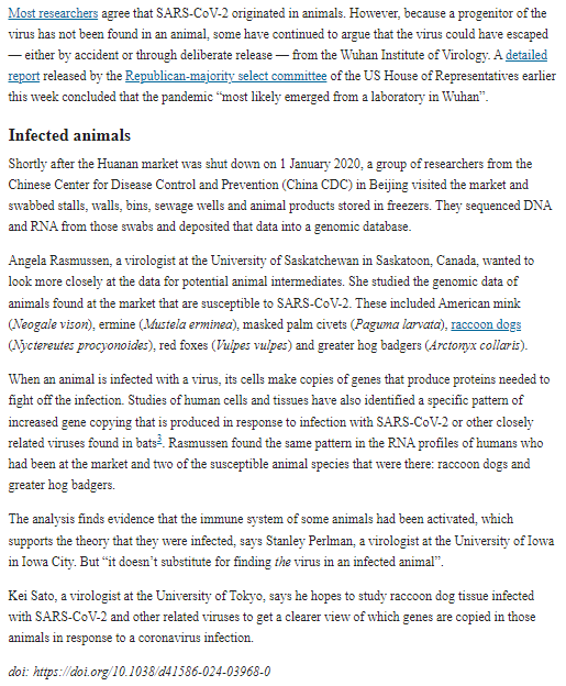 tgof137's tweet photo. It sounds like there's been some new research showing that animals at Huanan market were sick with Covid.

The article in nature is short, here are some screenshots:
https://t.co/JCB1qhYOE8 https://t.co/SOivL8o6WP