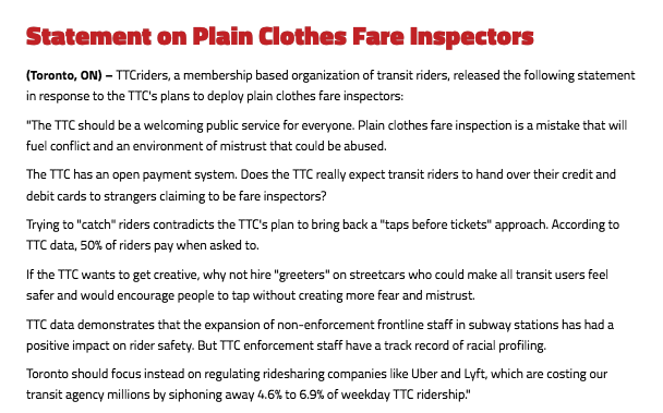 TTCRIDERS STATEMENT on Plain Clothes Fare Inspectors: 

"Does the #TTC really expect transit riders to hand over their credit and debit cards to strangers claiming to be fare inspectors?"

ttcriders.ca/plainclothes