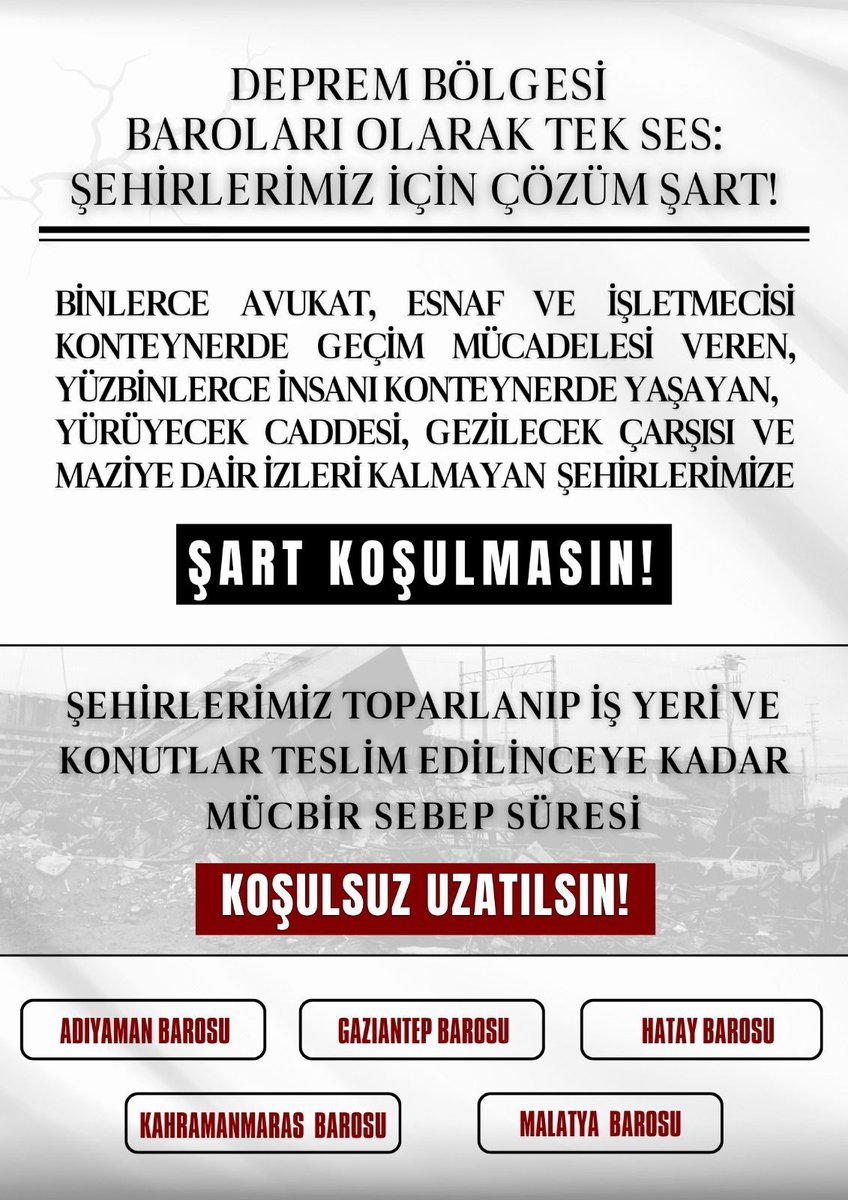 Dayanışmayla Güçlüyüz! 
Deprem bölgesinde bulunan Barolarımızın sesine ses olalım. <a href="/GANTEPBAROSU/">GAZİANTEP BAROSU</a> @K_Marasbaro <a href="/malatyabarosu/">MALATYA BARO BAŞKANLIĞI</a> <a href="/AdiyamanBarosu/">ADIYAMAN BAROSU</a> <a href="/HatayBaro/">HATAY BAROSU</a> <a href="/BarosuOsmaniye/">Osmaniye Barosu</a>