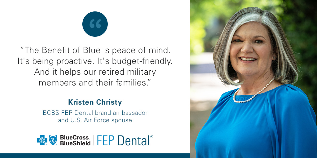 fepblue's tweet image. Kristen Christy, BCBS FEP Dental brand ambassador and U.S. Air Force spouse, knows the value of dental benefits: "The Benefit of Blue is peace of mind. It's being proactive. It's budget-friendly. And it helps our retired military members and their families." 🙌 Learn more today!