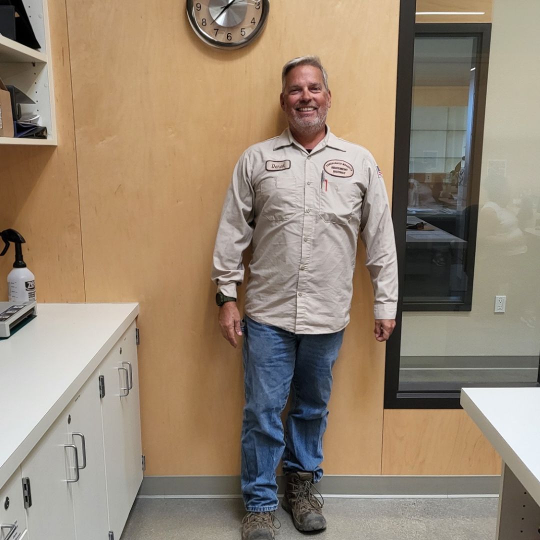 ConsolidatedMAD's tweet photo. Meet this week's Mosquito Warrior! 

Urban Program Coordinator Derek is checking in with the District office before heading back out to keep mosquitoes from getting out of control. https://t.co/kO6GGozkPE