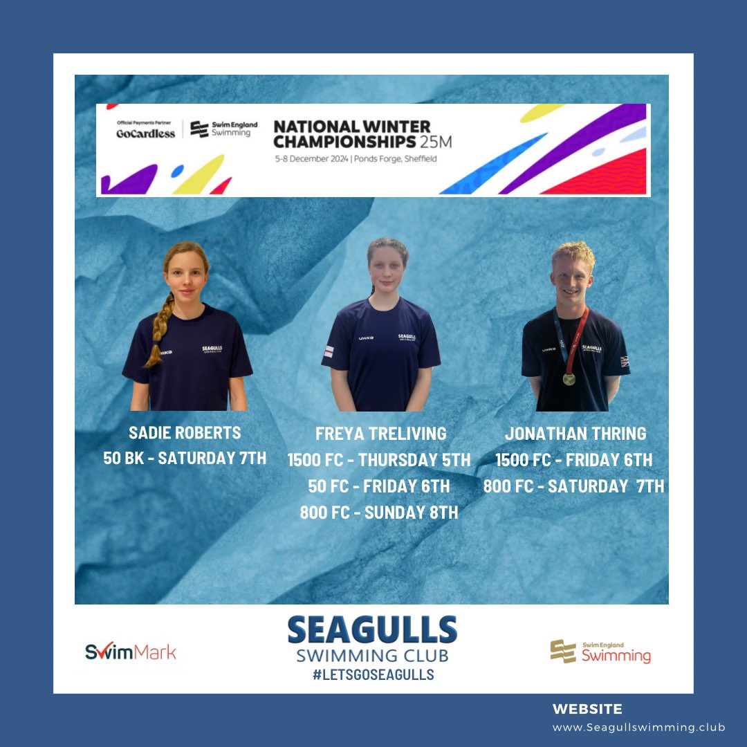 Swim England Winter championships 2024 🏴󠁧󠁢󠁥󠁮󠁧󠁿

Massive good luck to the 3 seagulls swimmers racing up in Sheffield for one of the fastest and enjoyable meets of the team. The meet will be running over the next 4 days. 
#Letsgoseagulls