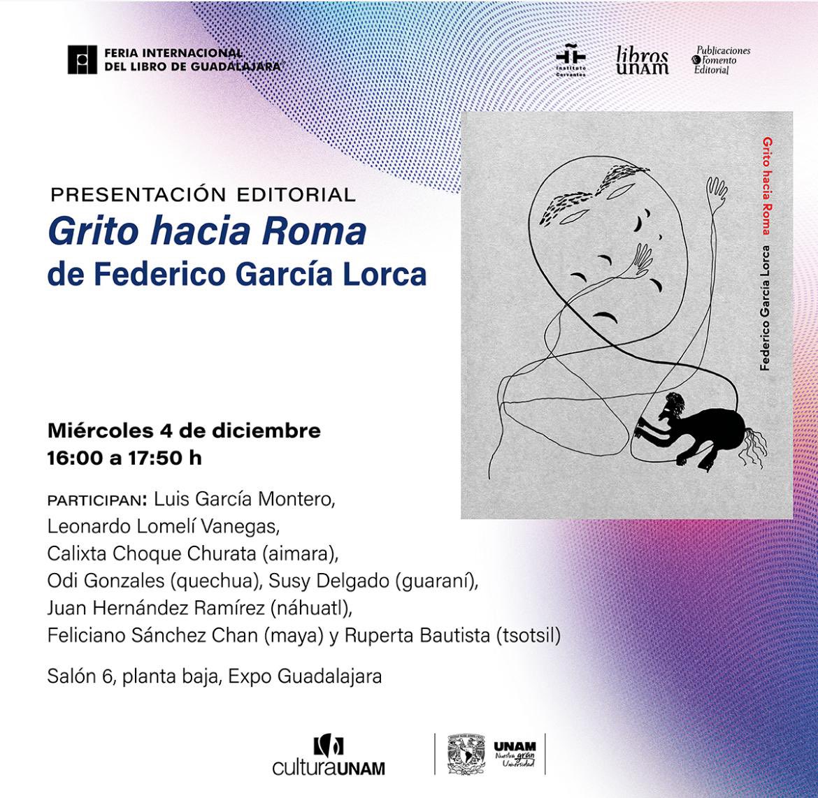 📍No te pierdas hoy la presentación de ‘Grito hacia Roma’ en la <a href="/FILGuadalajara/">FIL Guadalajara</a>.

🤝 <a href="/culturagob/">Ministerio de Cultura</a> <a href="/librolecturagob/">DG del Libro, del Cómic y de la Lectura</a> <a href="/ACEcultura/">Acción Cultural AC/E</a> <a href="/InstCervantes/">Instituto Cervantes</a> <a href="/UNAM_MX/">UNAM</a>