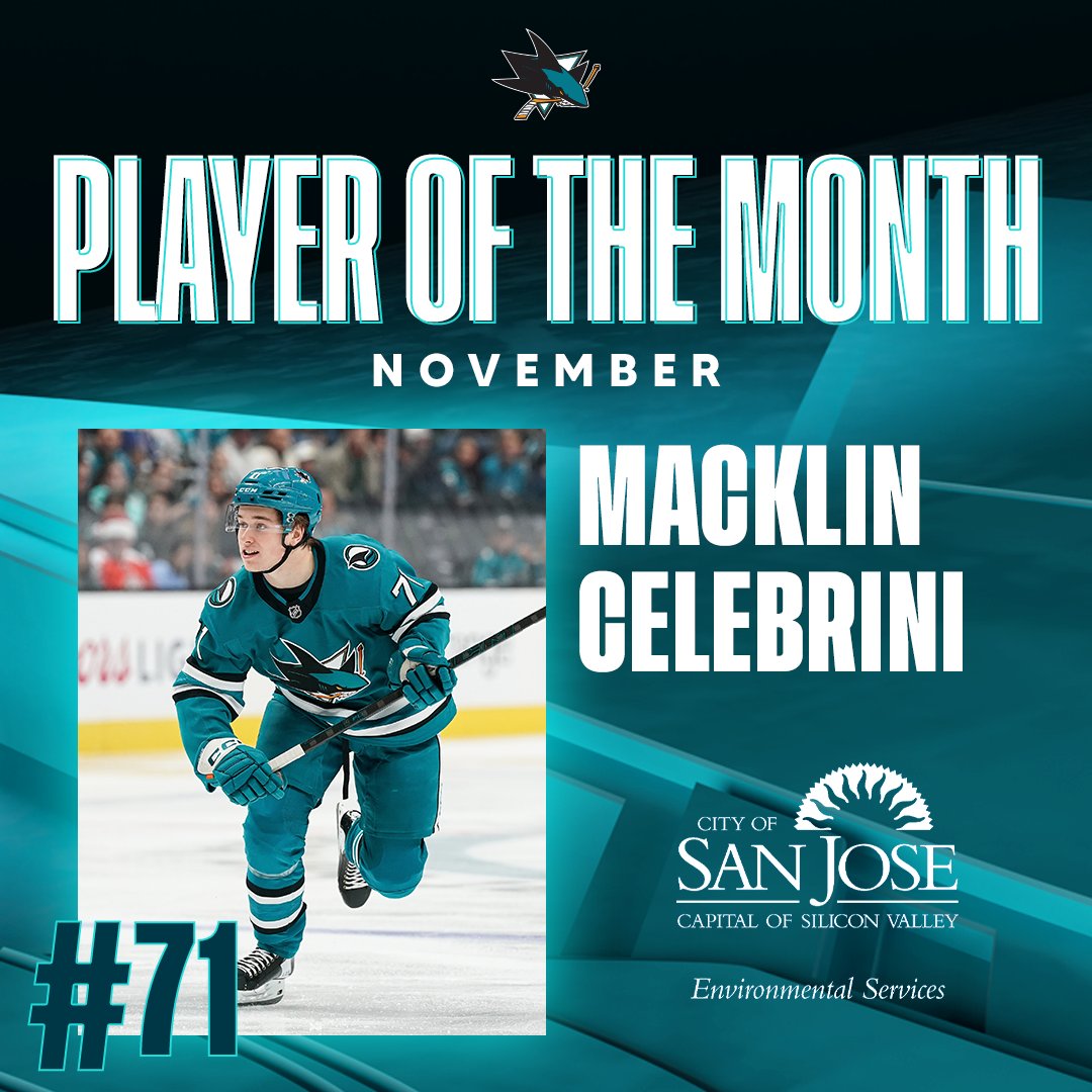 SanJoseSharks's tweet photo. Drumroll, please! 

Your Sharks November Player of the Month is Macklin Celebrini!

@sjenvironment | #TheFutureIsTeal https://t.co/BWykRGgV1R