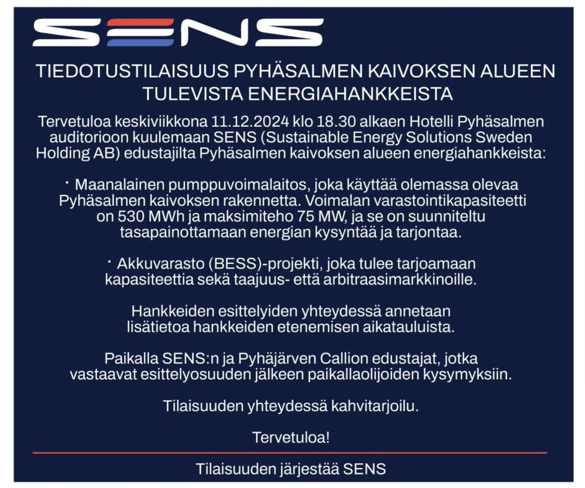 Tiedotustilaisuus Pyhäsalmen kaivoksen alueen tulevista energiahankkeista 11.12.2024 klo 18:30 alkaen Hotelli Pyhäsalmen auditoriossa.