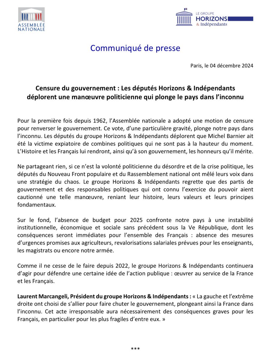 Retrouvez la réaction des députés du groupe #Horizons &amp; Indépendants à la censure du gouvernement ⤵️