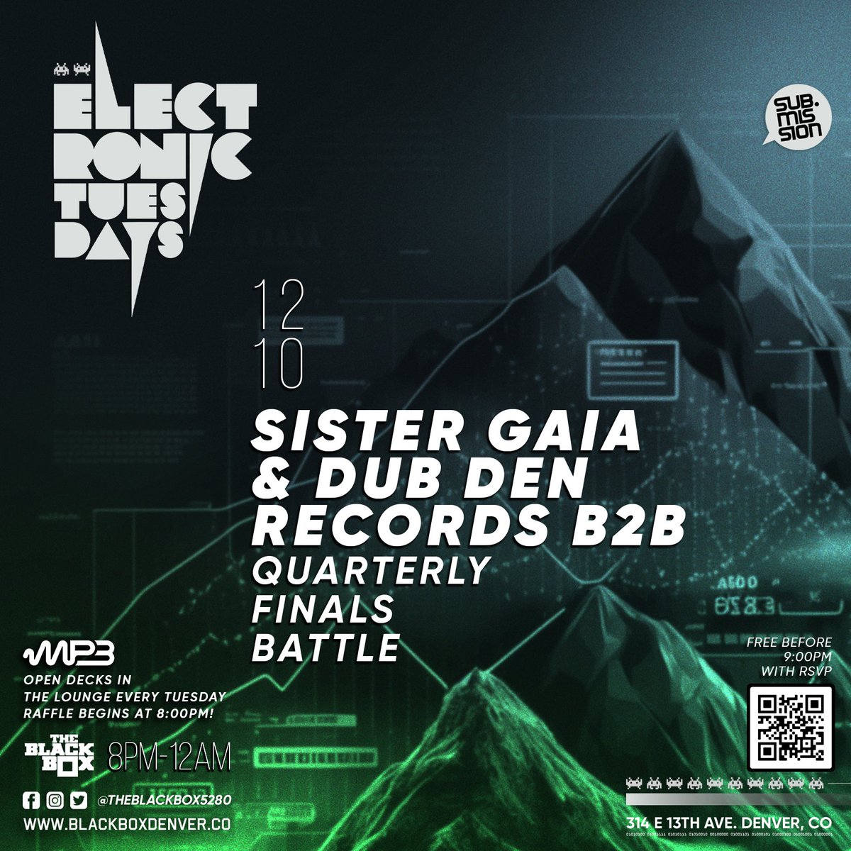 Big ups to <a href="/cord_music/">CORD</a> for taking the victory in the November Winners Showcase last night! He will be advancing to the Quarterly Finals next week!

E-Tuesdays is back this coming week w/ Sister Gaia &amp; <a href="/dubdenrecords/">Dub Den Records</a> taking over <a href="/TheBlackBox5280/">The Black Box</a>!

blackboxdenver.co/events/etuesda…