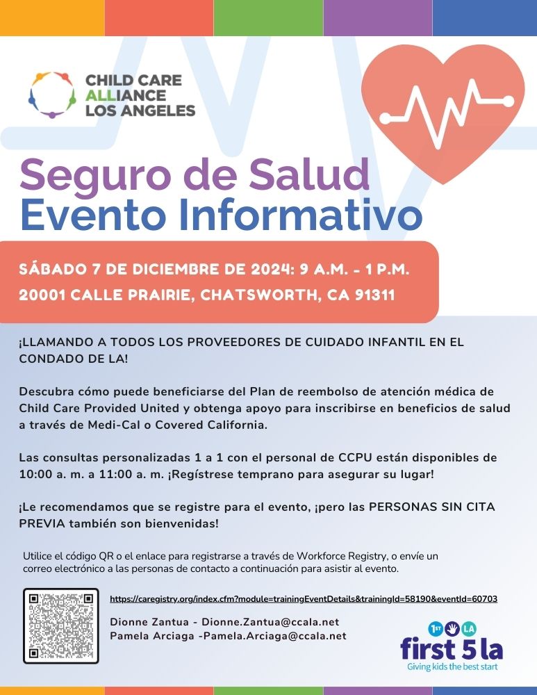 📣¡Atención a todos los proveedores de #cuidadoinfantil! ¡Únase a nosotros para un evento sobre seguros médicos este sábado 12/7! Descubra cómo puede beneficiarse del Plan #CCPU y obtenga apoyo para inscribirse en Medi-Cal o Covered California.💙
👉🏾 ow.ly/VrpQ50Uksug