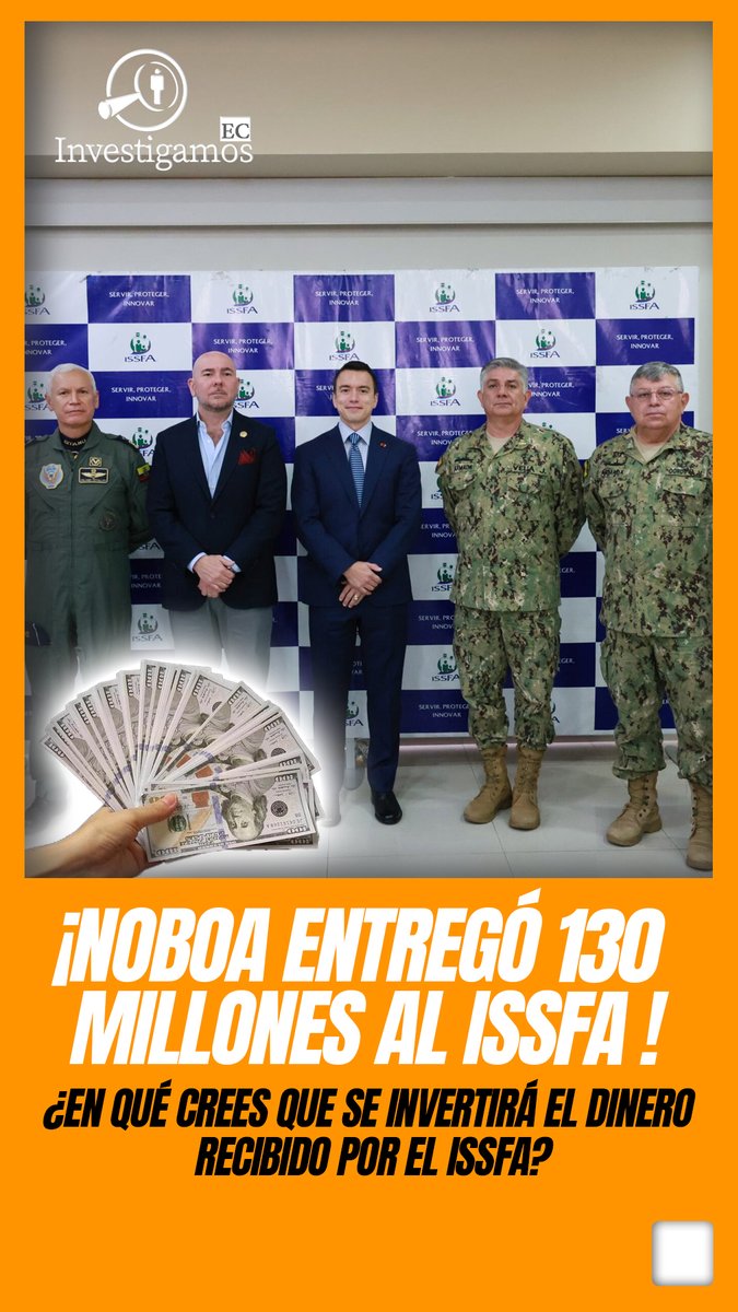 Investiga_Ecu's tweet photo. #ATENCIÓN USD 130 millones ha recibido el ISSFA por parte del Gobierno de @DanielNoboaOk 
#Ecuador #Dinero #Tendencias #isffa #EcuadorVotaInformado #informate https://t.co/7ukylMtwR2