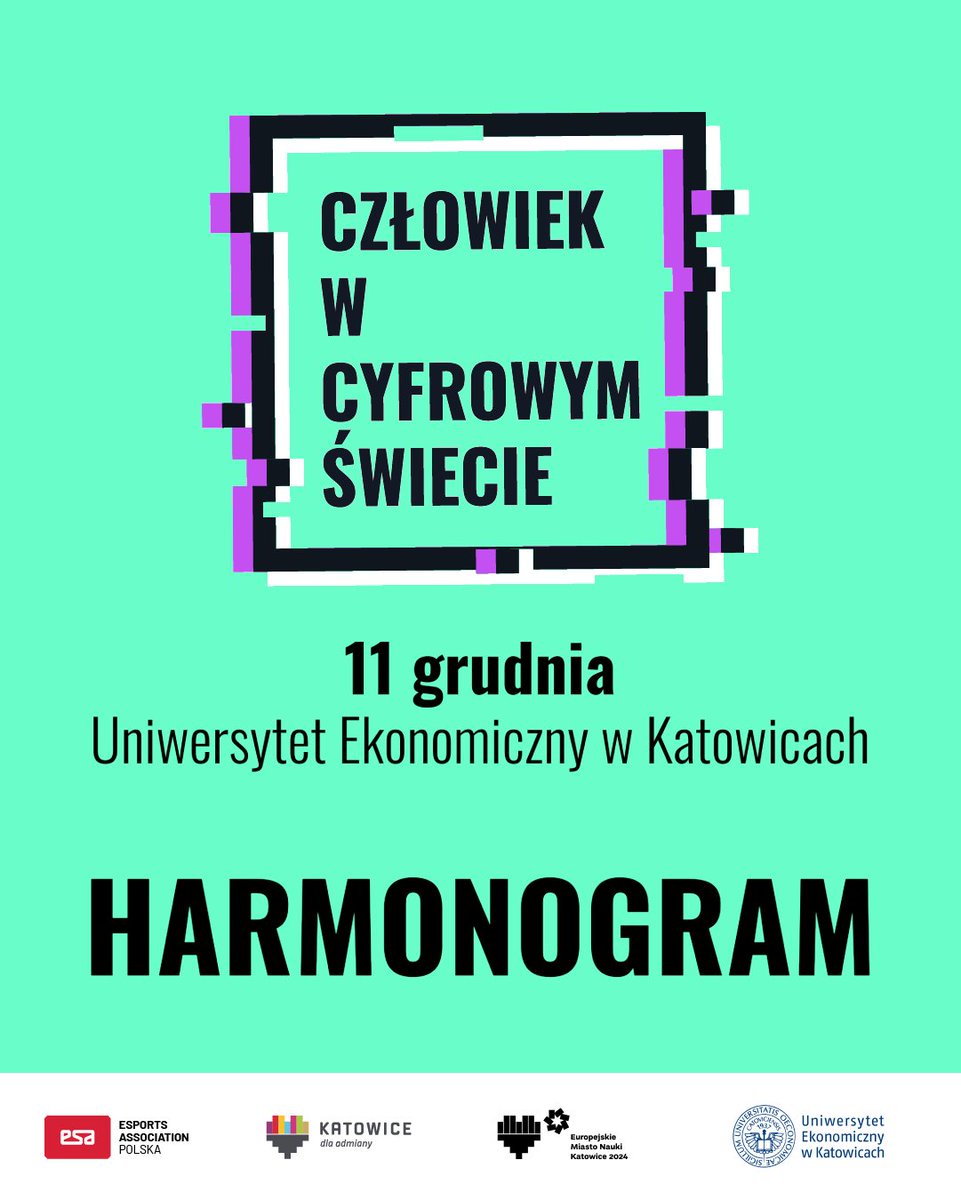 Esports Association (@esports_assoc) on Twitter photo Już za tydzień widzimy się na konferencji "Człowiek w cyfrowym świecie" na <a href="/UE_Katowice/">UE Katowice</a>!
Atrakcji nie zabraknie, a wydarzenie będzie prowadzone równolegle w 3 strefach w budynku CNTI 🤩
𝗛𝗮𝗿𝗺𝗼𝗻𝗼𝗴𝗿𝗮𝗺 𝗽𝗿𝗲𝘇𝗲𝗻𝘁𝘂𝗷𝗲 𝘀𝗶𝗲̨ 𝗻𝗮𝘀𝘁𝗲̨𝗽𝘂𝗷𝗮̨𝗰𝗼:
👉 𝟶𝟿:𝟶𝟶
– Już za tydzień widzimy się na konferencji "Człowiek w cyfrowym świecie" na <a href="/UE_Katowice/">UE Katowice</a>!
Atrakcji nie zabraknie, a wydarzenie będzie prowadzone równolegle w 3 strefach w budynku CNTI 🤩
𝗛𝗮𝗿𝗺𝗼𝗻𝗼𝗴𝗿𝗮𝗺 𝗽𝗿𝗲𝘇𝗲𝗻𝘁𝘂𝗷𝗲 𝘀𝗶𝗲̨ 𝗻𝗮𝘀𝘁𝗲̨𝗽𝘂𝗷𝗮̨𝗰𝗼:
👉 𝟶𝟿:𝟶𝟶
–