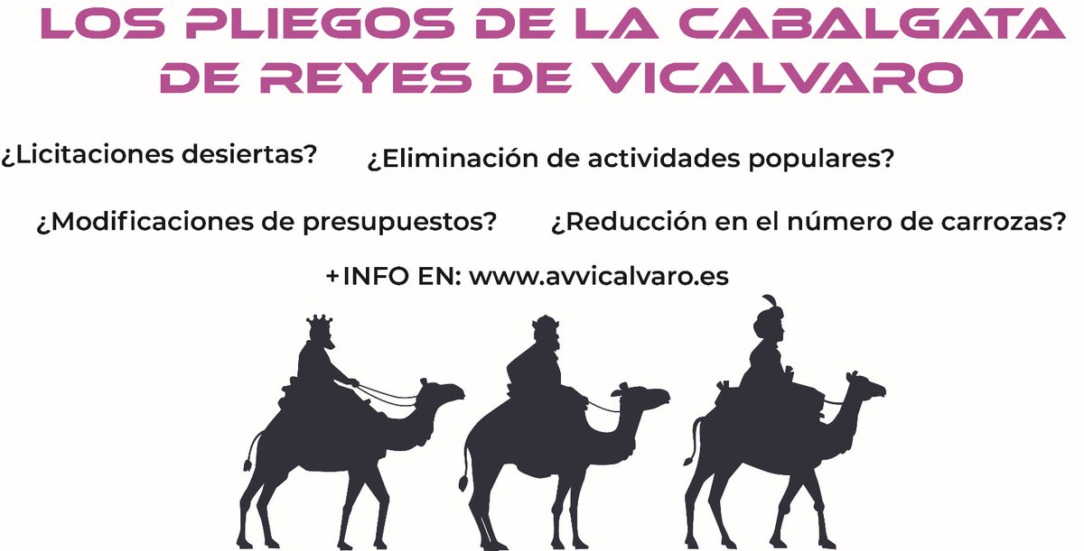 #Vicálvaro Érase una #CabalgataReyes, 3️⃣ pliegos, ➕️ dinero, ➖️ carrozas,  0️⃣  participación y varias preguntas.

🔴 ¿Licitaciones desiertas?

🟡 ¿Modificación de presupuestos?

🟣 ¿Eliminación de actividades?

🔴 ¿Reducción de carrozas?

👇👇avvicalvaro.es/movimiento-vec…