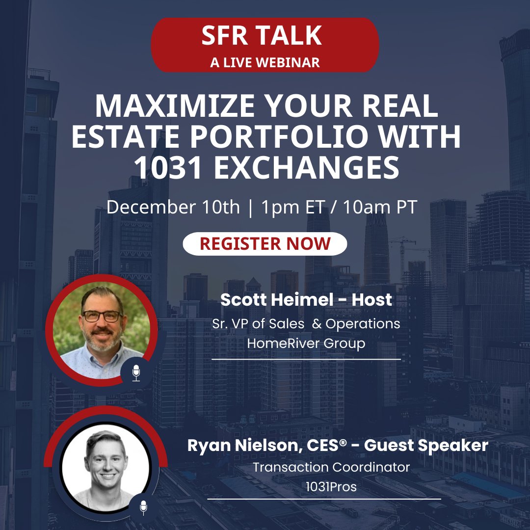 HomeRiverGroup's tweet image. 🎙️ Join our SFR Talk webinar!

"Maximize Your Portfolio with 1031 Exchanges"

📅 Register to attend &amp;amp; get the recording: zoom.us/webinar/regist…

With 1031 expert @RyanNielson from @1031Pros.

#SFRTalk #1031Exchanges #RealEstateInvesting #PropertyManagement