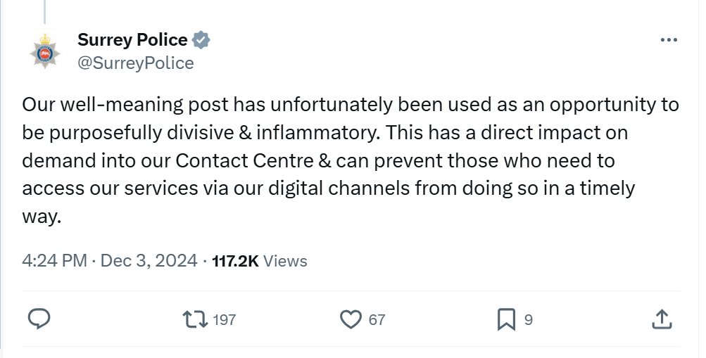 PaulEmbery's tweet image. Police post a message advising the public that armed officers will be patrolling during the festive period.

People get angry that armed police are now deemed necessary to protect Christmas activities.

Police blame people for being 'purposefully divisive and inflammatory'.

Wow.