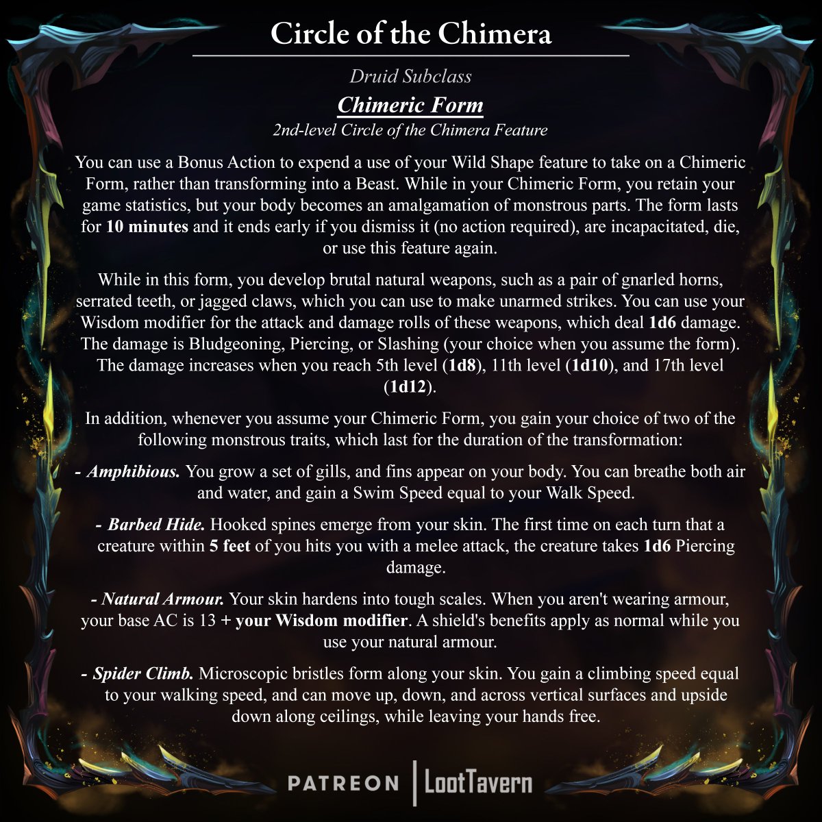 loottavern's tweet photo. Druid subclass today! This isn't even its final form... you know where to find it!
;)
#dnd #5e #homebrew #darkwings https://t.co/7F4c6c3OOL