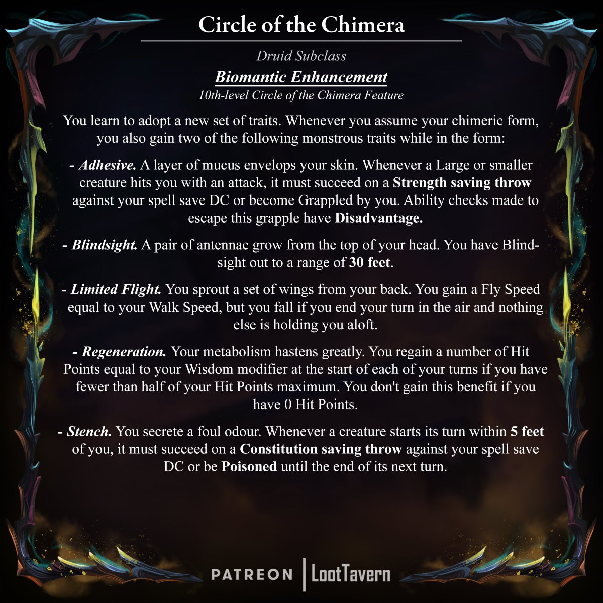 loottavern's tweet photo. Druid subclass today! This isn't even its final form... you know where to find it!
;)
#dnd #5e #homebrew #darkwings https://t.co/7F4c6c3OOL