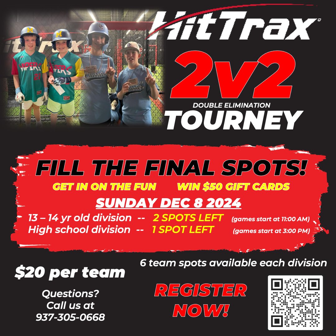 🚨 Last Chance! 🚨
📣 Don’t miss out on the ultimate competition at our 2v2 HitTrax Tournament. Registration closes FRIDAY, and spots are limited! 🏆💥

✅ When: December 1st &amp; 8th
🏅 Prizes: Gift cards for the winning teams

#HitTrax #HomeFieldInstruction #TeamUp #BaseballLife