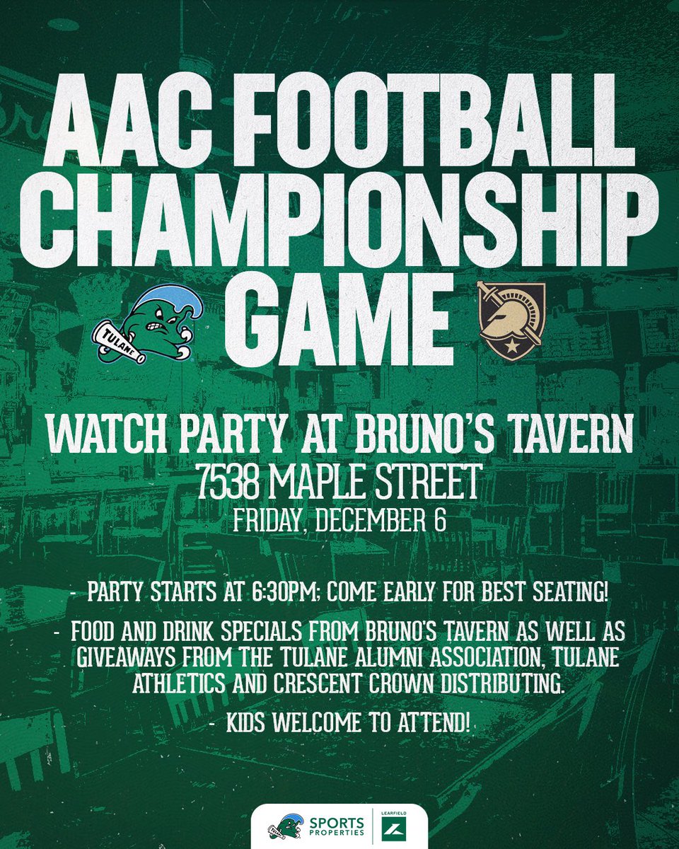 TulaneAthletics's tweet photo. Can’t make it to West Point? Head to @BrunosTavern for the official AAC Football Championship Game watch party!

#RollWave https://t.co/53G6fQURuS