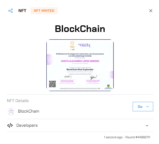 One of the fun things about building BlockStalker is the serendipity of seeing new events fly by on MainNet.  Just a few moments ago <a href="/USergioArboleda/">Universidad Sergio Arboleda | #SergistaSiempre</a> from Bogota, Colombia minted NFT certificates for their proud Bootcamp grads.  It's one of the many ways Algorand is quietly
