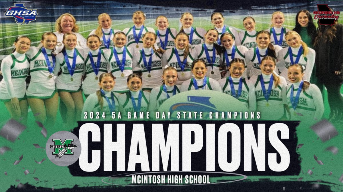 Congratulations to the McIntosh Chiefs! 💚 🤍 🖤 📣 🏹
2024 GHSA 5A Game Day State Champions! 
#GeogiaHSCheer2024 #GHSACheer2024