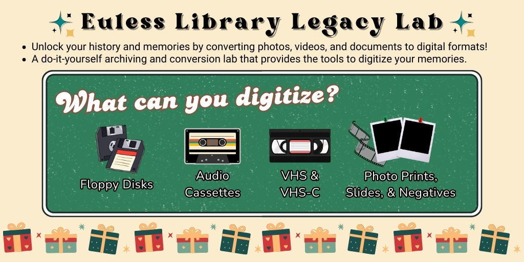 EulessLibrary's tweet image. 🎁✨Give the Gift of Memories this Holiday Season!✨🎁
Looking for the perfect, meaningful gift? How about digitizing your loved ones&apos; cherished photos, print media, and old videos at our Legacy Lab to preserve those special memories forever! 📸🎥

#EulessLibrary #LegacyLab