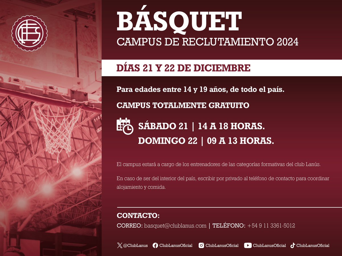 🔜 Campus de Reclutamiento 2024

🗓️ 21 y 22 de diciembre
⛹🏻 Para jugadores de 14 a 19 años de todo el país 

📍 Microestadio Antonio Rotili, avenida 9 de Julio 1680, Lanús Este 

#LanúsBásquet 🇱🇻🏀