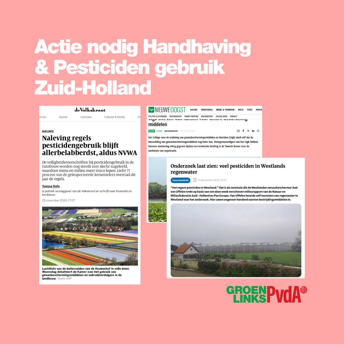 De gezondheid van mens &amp; natuur mag niet langer in gevaar worden gebracht door onzorgvuldig pesticiden gebruik. GroenLinks-PvdA stelt vragen. In het Westland zijn bv hoge concentraties van pesticiden aangetroffen in regenwater, ook verboden stoffen:
zuidholland.pvda.nl/nieuws/actie-n…