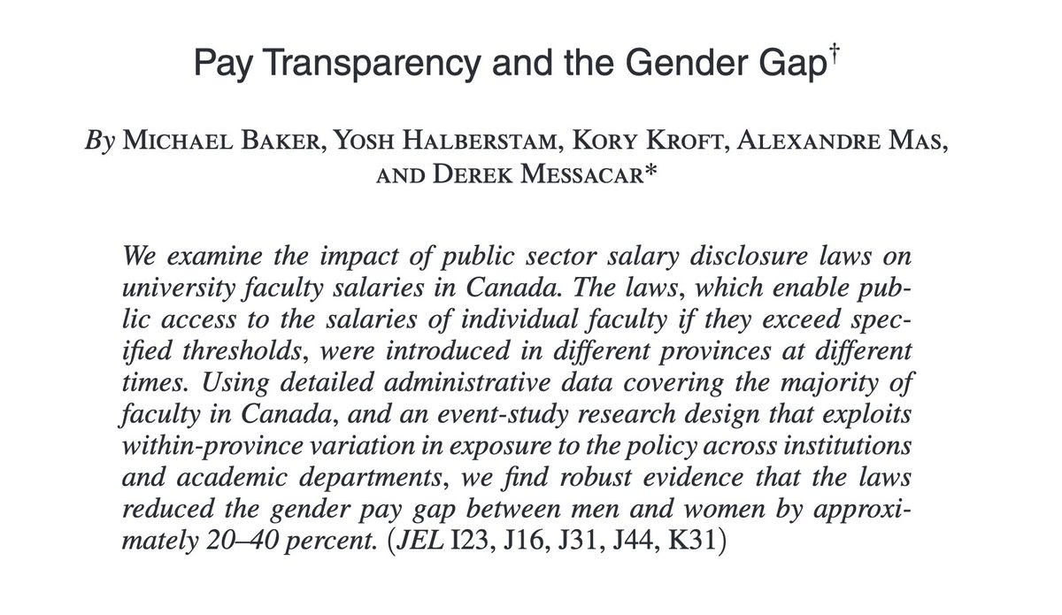 JohnHolbein1's tweet image. What happened when public universities in 🇨🇦 started publicizing faculty salaries?  

...
...
...

The salary gap between men and women declined by 20-40% as a direct result.