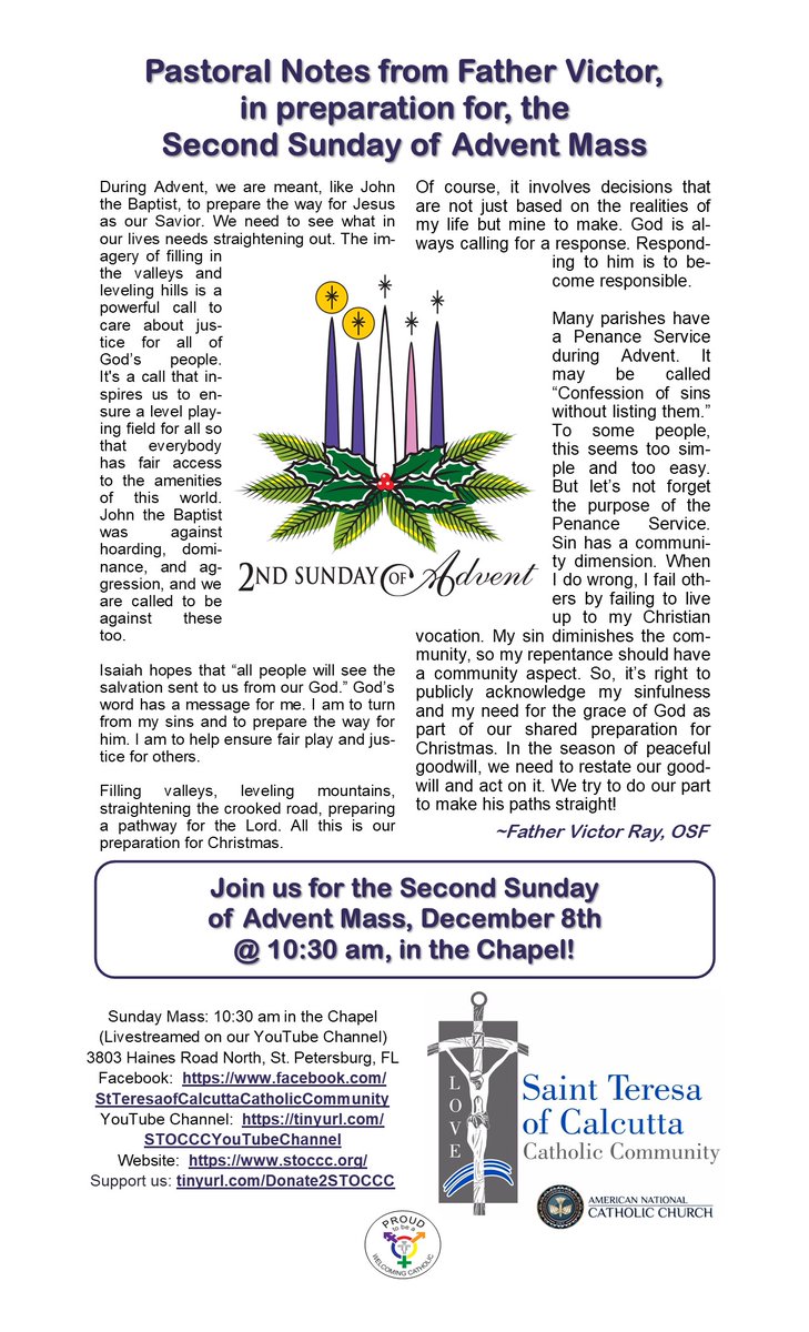 STOCCC2's tweet photo. Join us for the Second Sunday of Advent Mass, December 8th, at 10:30 am, in the Chapel!
Website: https://t.co/DYOYEGA448
#Advent2024 #AdventMass #CatholicMass #StTeresaofCalcuttaCatholicCommunity #STOCCC #ANCC #AmericanNationalCatholicChurch #Catholic #IndependentCatholics https://t.co/RqZrTuNrPu