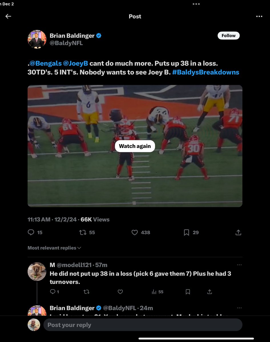 Colby423Eric's tweet photo. @BaldyNFL @modell121 @Bengals @JoeyB What does your post say! Don’t be a dick when you said 38 IN WRITING! Not what we hear, what you literally typed. Maybe learn to read your own post before acting like a jagoff https://t.co/2Brcye2JXD