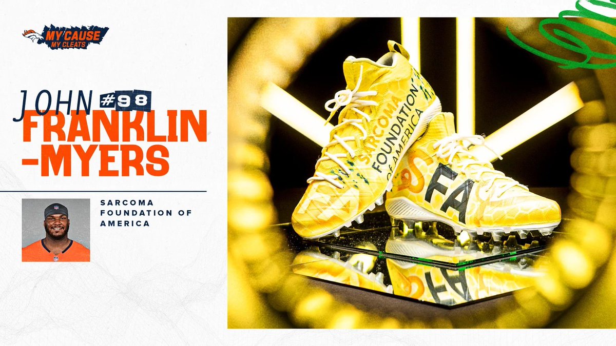 Denver Broncos defensive end John Franklin-Myers is representing SFA tonight with custom cleats for the NFL's #MyCauseMyCleats! Tune in to Broncos v. Browns to cheer him on. #sarcoma #CureSarcoma #cancer
