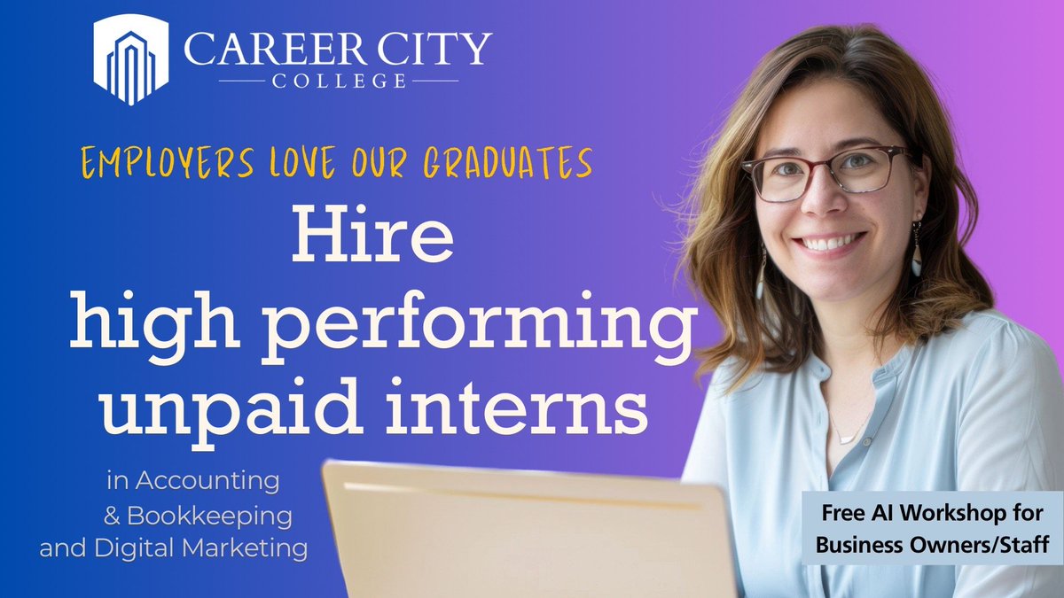 StartWithCCC's tweet photo. 📢 Attention Okanagan Employers! 🌟
Looking to enhance your team with skilled, high-performing interns? Career City College in Kelowna is offering graduates from our Accounting & Bookkeeping and Digital Marketing Certificate programs ready to bring value to your business.
💼 Why partner with us?
✅ Access trained, motivated, and AI-savvy talent.
✅ Enjoy a FREE AI Workshop for your staff/business owners.
✅ Be part of a program that employers love for its quality and impact.
Whether you're a small business or an established firm, this is your chance to hire unpaid interns who are ready to make a difference.
👉 Fill out the interest form here: https://t.co/rWbtTYI3rX
📍 Limited spots available! Priority for Okanagan region employers.
🌟 Don't miss out—take the next step in boosting your business today!
#KelownaBusiness #OkanaganEmployers #CareerCityCollege #InternshipOpportunity #AccountingInterns #MarketingInterns #AIWorkshop