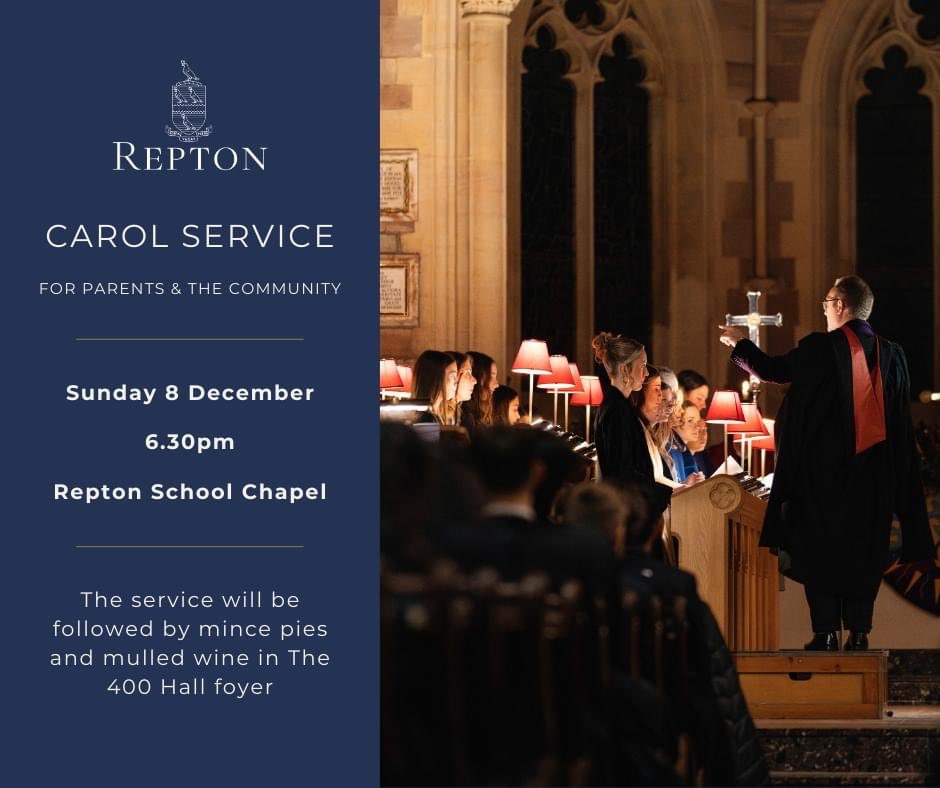 ReptonLife's tweet image. We very much hope to welcome many parents and members of our Repton village community to join us for our annual Carol Service on Sunday evening. It promises to be a very special evening, which will be followed by mince pies 🥧 and mulled wine 🍷 in the 400 Hall. All welcome 🙏🏻