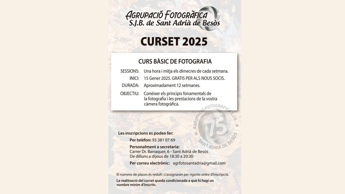 Tens una càmera i t'agradaria treure-li més partit?

Trobes que les teves fotos no tenen aquell impacte que voldries?

No pateixis, a l'Agrupació començarem al gener un curset perquè puguis desenvolupar les teves habilitats fotogràfiques alhora que coneixes gent!