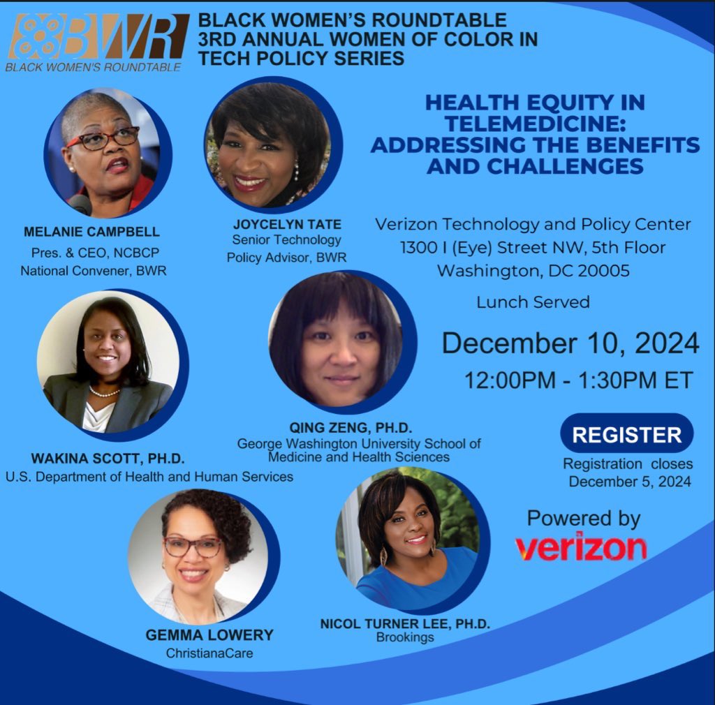 NCBCP (@ncbcp) on Twitter photo The Black Women’s Roundtable invites you to our Women of Color in Tech Policy Series on Health Equity in Telemedicine. 
Date: December 10, 2024
Time: 12:00 PM ET
Location: Washington, DC
During this impactful event, healthcare industry and policy leaders will explore:
✅ The Black Women’s Roundtable invites you to our Women of Color in Tech Policy Series on Health Equity in Telemedicine. 
Date: December 10, 2024
Time: 12:00 PM ET
Location: Washington, DC
During this impactful event, healthcare industry and policy leaders will explore:
✅