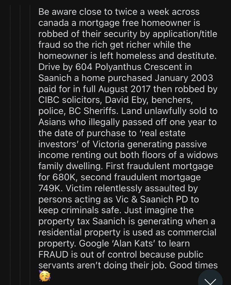 HatedByBCgovt's tweet photo. @The_Real_SashaP @FoxNews #16Days Widow unfortunately in @saanich has In Trust PRIVATE PROPERTY STOLEN by @ChiefManak @Dave_Eby @llblawcorp facilitating money laundering/mortgage fraud! Woman NOW UNDER VIOLENT ATTACKS by @Dean_Murdock @ChiefDuthie

ℹ️ https://t.co/uOXYUTNeEh @TPSFinCrimes @globeandmail https://t.co/vJisd4ZXXp