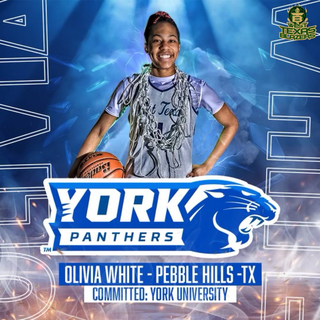 Olivia White (Pebble Hills) has committed to York University in York, NE. Congratulations to the White family and “21 Liv”, York University is a NAIA program who competes in the Kansas Collegiate Athletic Conference. Let’s gooo! #Culture #NAIAHoops #BlazerGirl